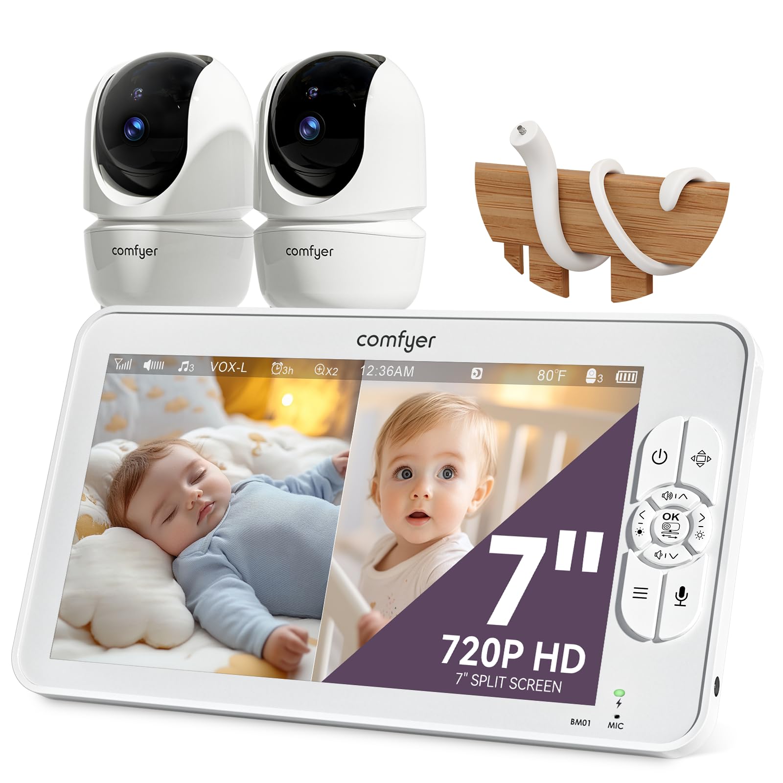 COMFYER Niania Elektroniczna 7" HD 720P 2 Kamery IR Nocny Tryb Vox Audio