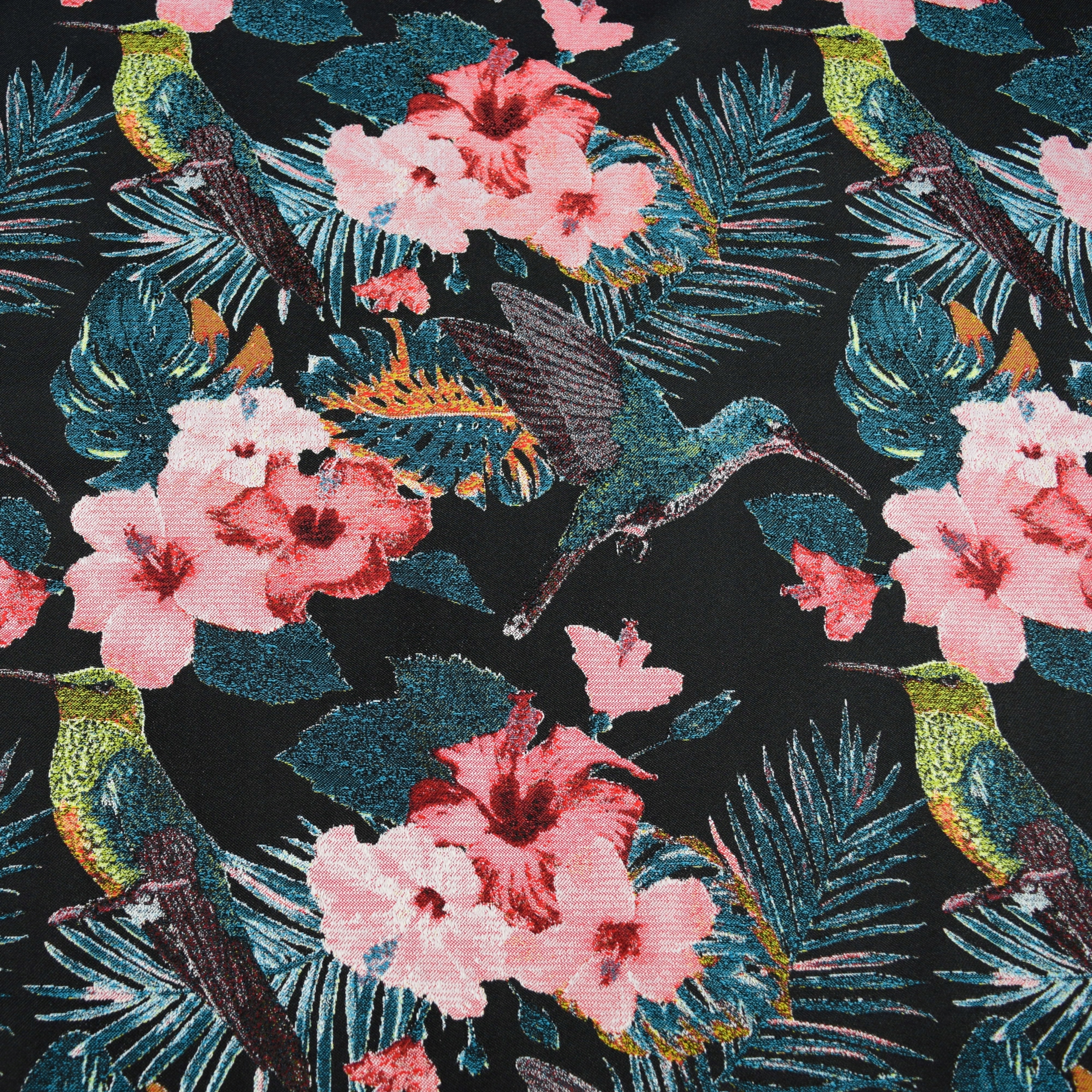 TKANINA OBICIOWA MATERIAŁ WZÓR KOLIBRY CZARNE