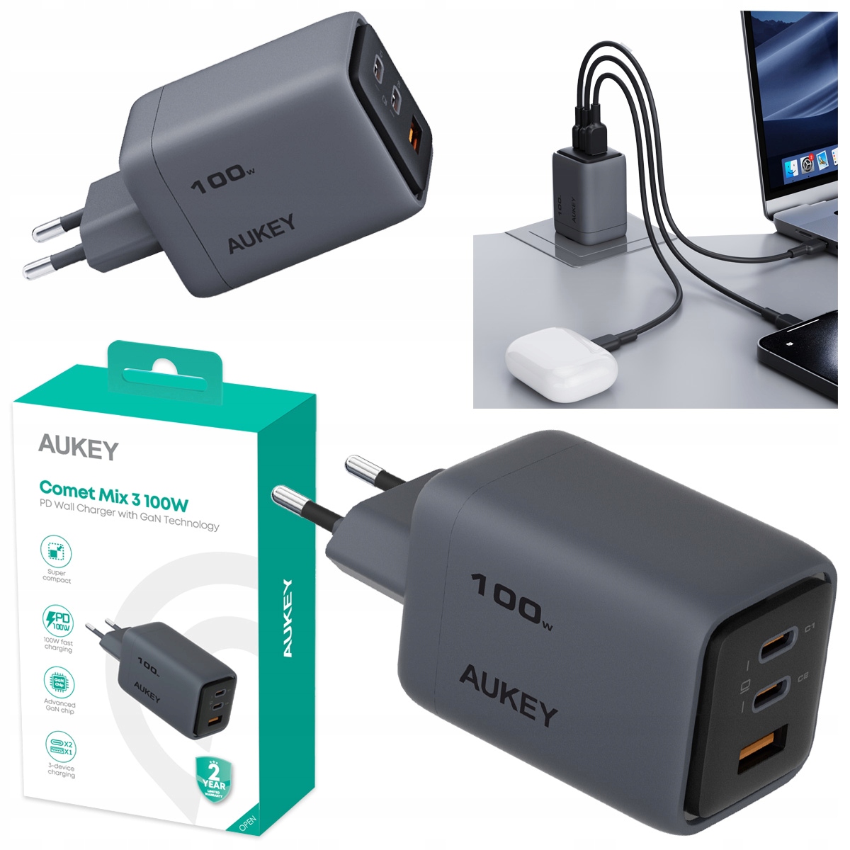 Aukey PA-C5 2xUSB-C 1xUSB 100W Szary