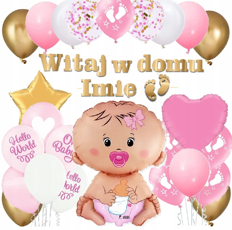 BALONY zestaw powitanie WITAJ W DOMU baner IMIĘ