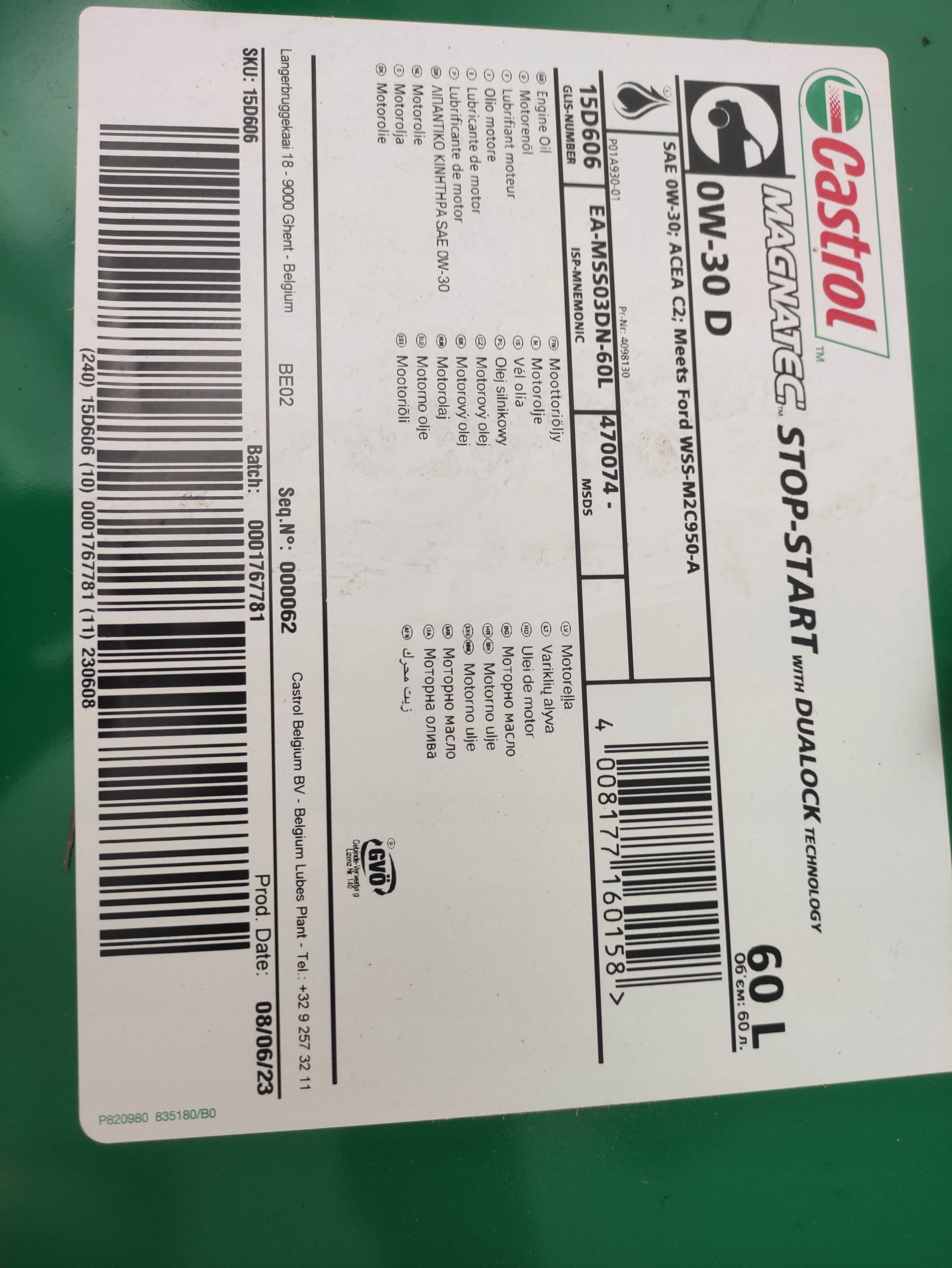 OLEJ CASTROL 0W30 60L MAGNATEC STOP-START / DPF / FORD 950-A / PO 2015R. Pojemność opakowania 60 l