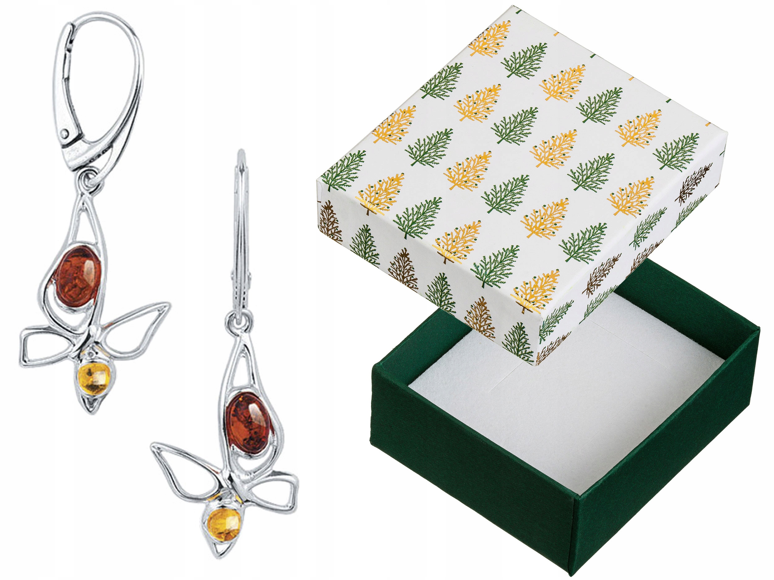 Stříbrné Náušnice Závěsné motýlky s jantarem Anglické zapínání Motýli