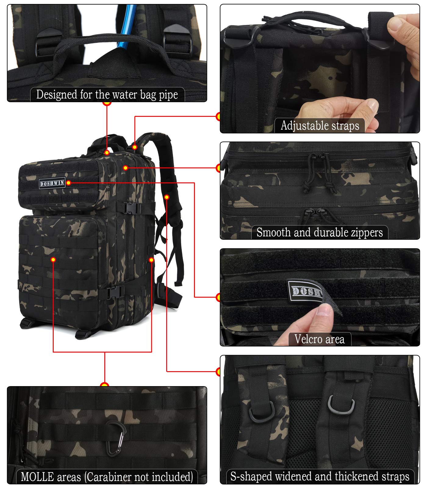 DOSHWIN Plecak Wojskowy 40L Taktyczny Molle Na Wędrówki Camping Trekking — miniatura 3