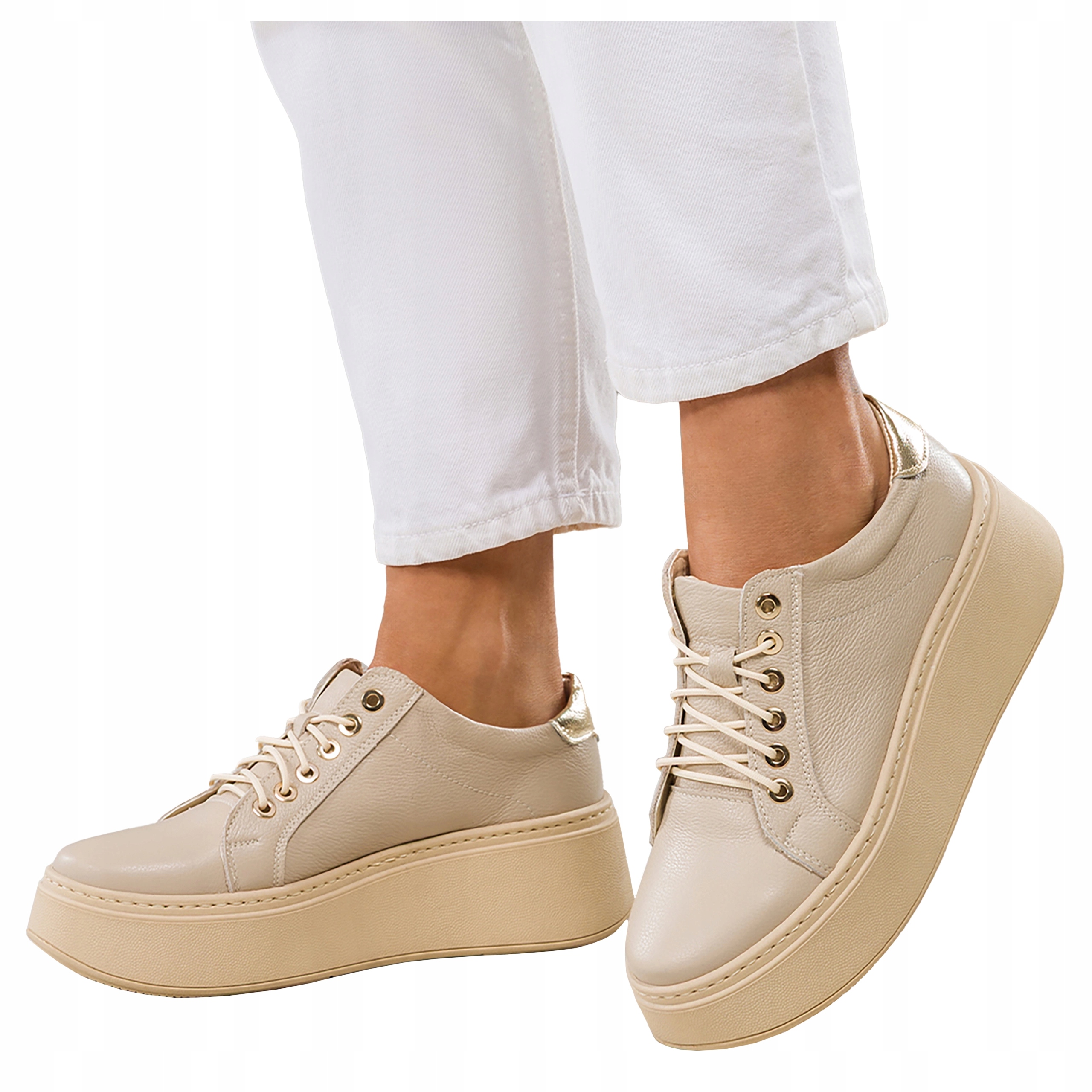 Creepersy Sneakersy Dámské Kožené Béžové Komfortní Produkt Polský vel. 36