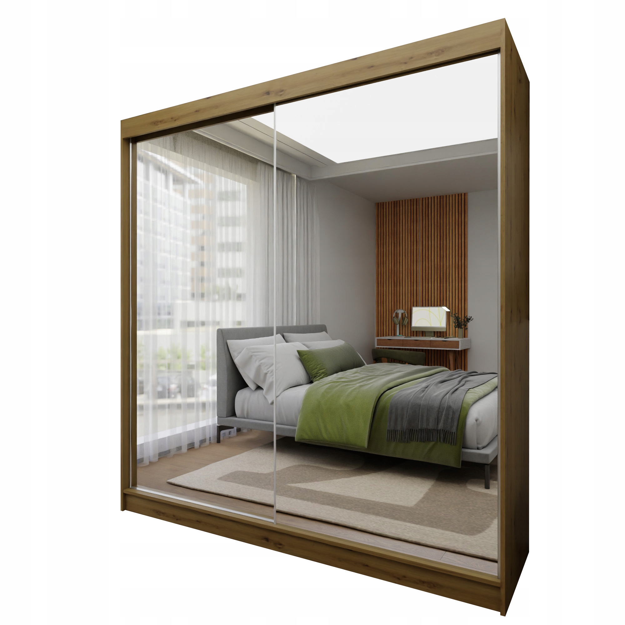 Skříň Posuvná Bellina 200 cm se zrcadlem Skříň Dvoudveřová, dub Artisan