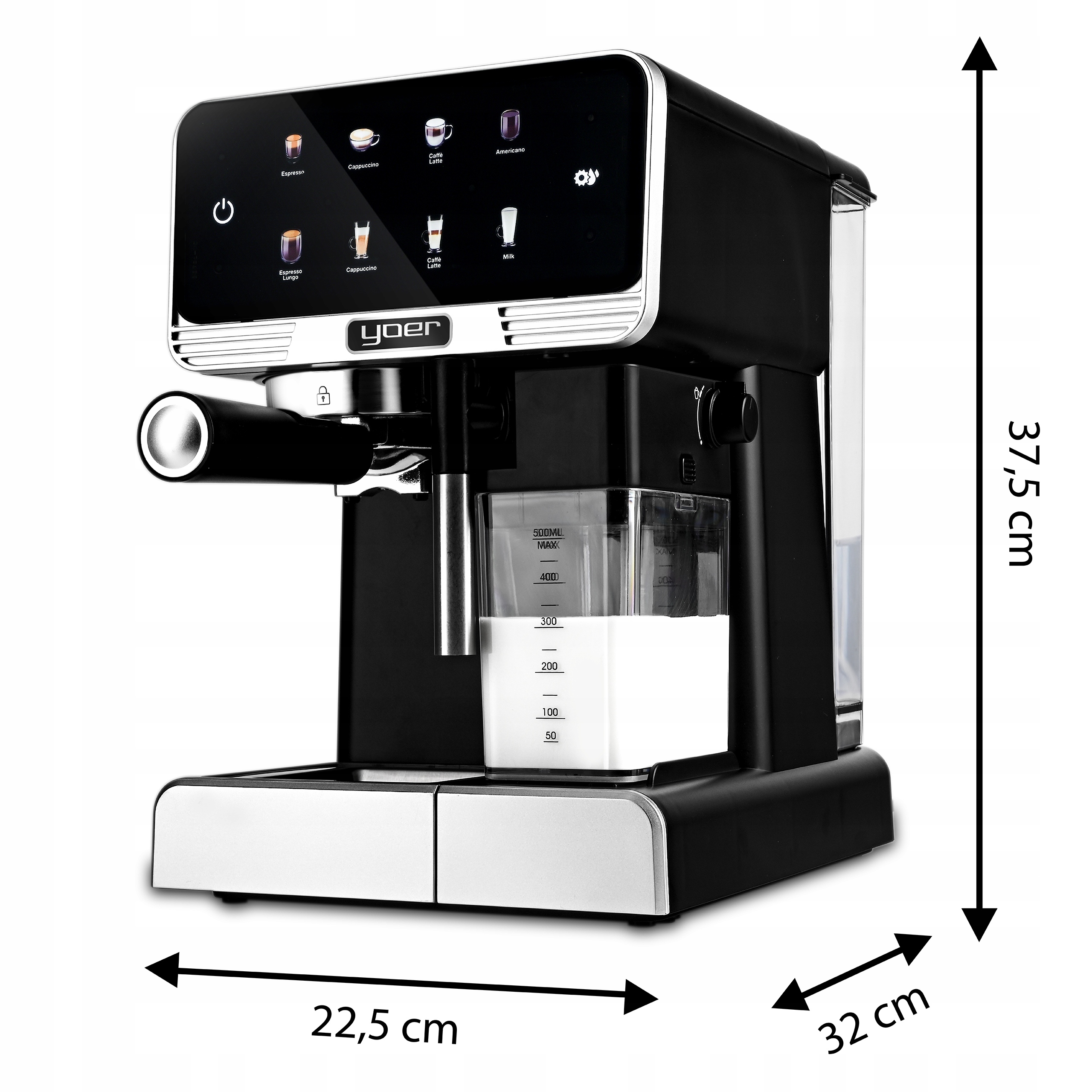 Ekspres do kawy Ciśnieniowy Yoer +LED 20bar 1350W Automatyczny +THERMOBLOCK Szerokość produktu 22.5 cm