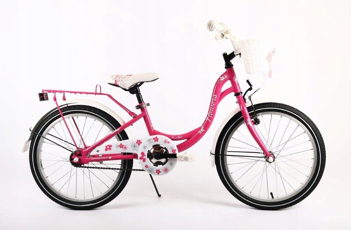 Rower 20" Flowers dla dziewczynki różowy bagażnik stopka koszyk błotniki