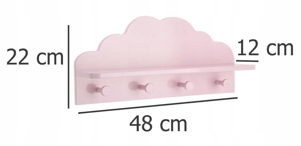 PÓŁKA ŚCIENNA RÓŻOWA CHMURKA + 4 WIESZAKI haczyki Szerokość mebla 48 cm