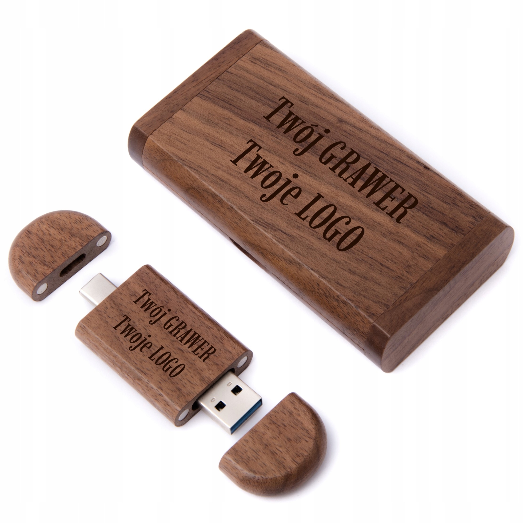 Pendrive drewno Orzech 16 Gb 2.0 3.2 Usb-c Typ C Box Twój Grawer Logo