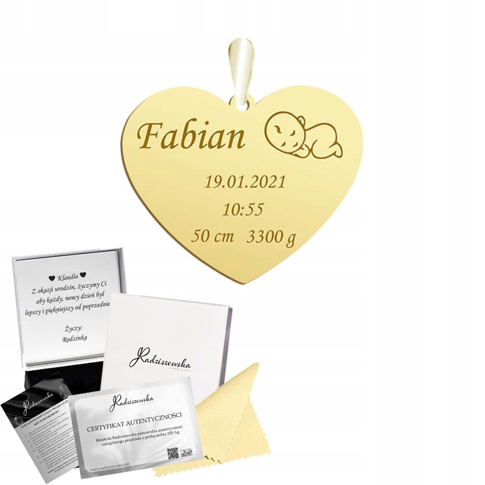 Zlatý přívěsek Srdce Jméno dítěte Metrička Dárek 925 Šperky Gravírování