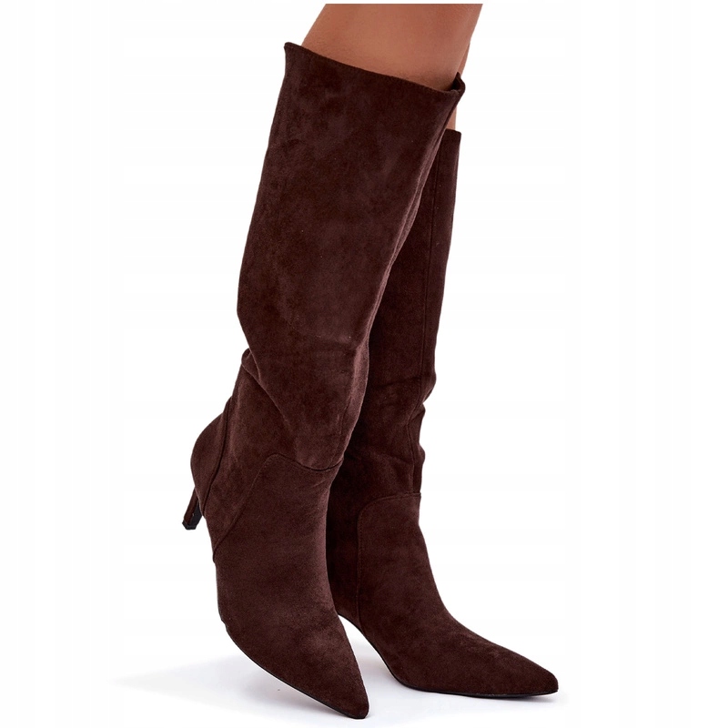 Dámské Kozačky Na Podpatku Eko Semišové Nazouvací Zateplené Čokoládové 41