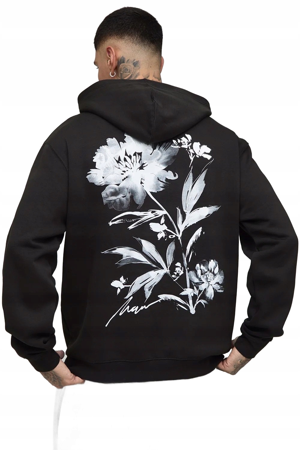 Boohooman Černá Pánská Mikina S Kapucí S Dlouhým Rukávem Květiny L Z3A