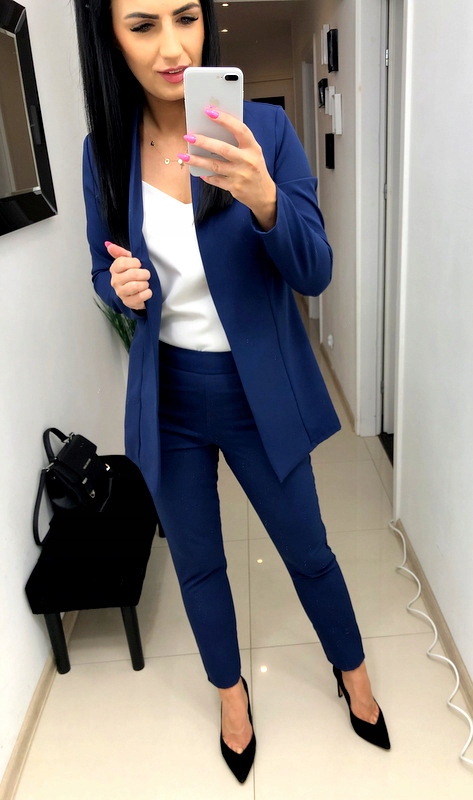 GARNITUR DAMSKI marynarka spodne GRANATOWY L Rękaw długi rękaw