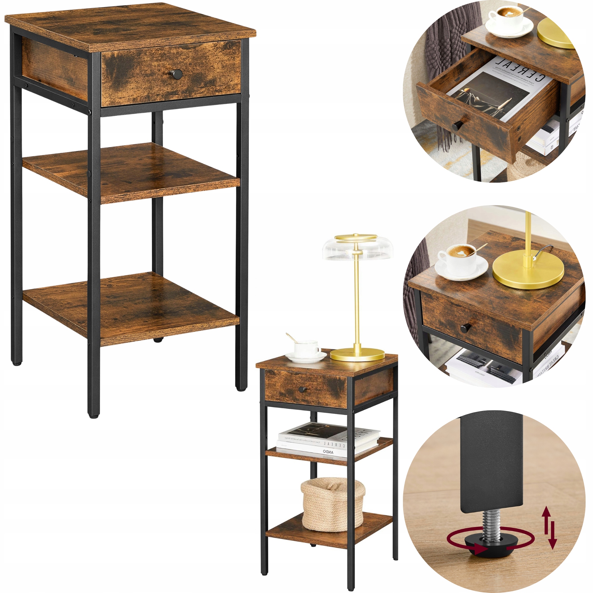 Noční Stolek se zásuvkou, 2 police, boční stolek, praktický, rustikální Loft