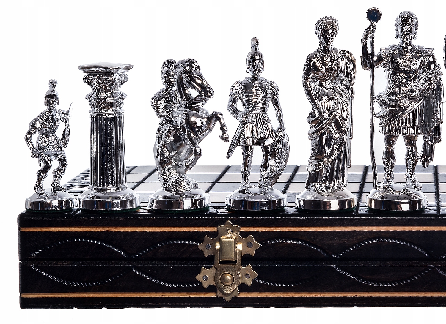 SZACHY RZYMSKIE DREWNIANE SREBRNO-CZARNE DUŻE 42cm Producent Chesscheck