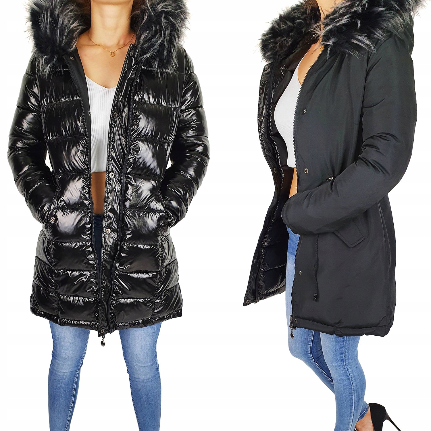 #parka Oboustranná Bunda Dámská Lesklá černá