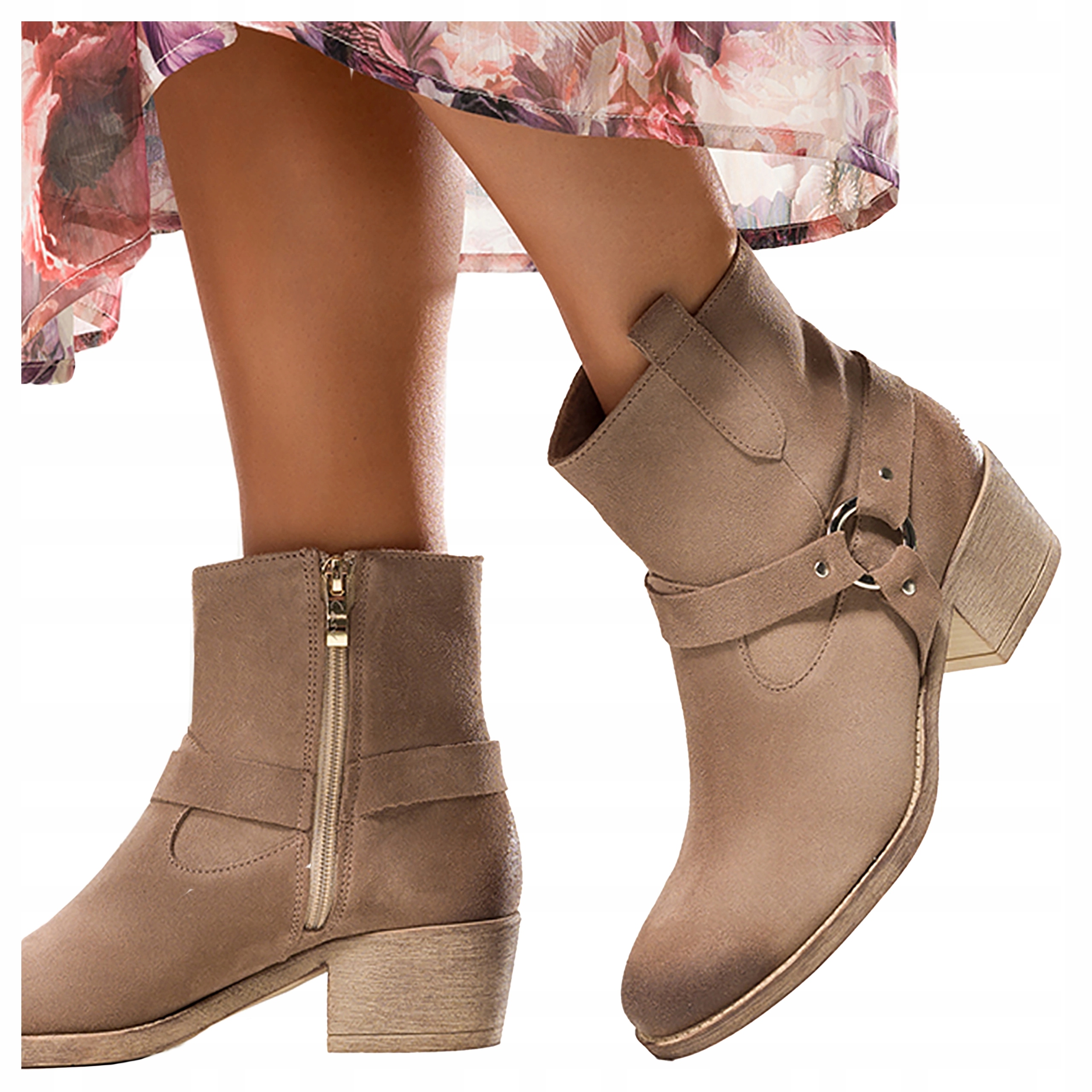 Kožené Béžové Kotníkové Boty Kovbojské Boty Dámské Pohodlné Módní Ozdobný Pásek vel 41