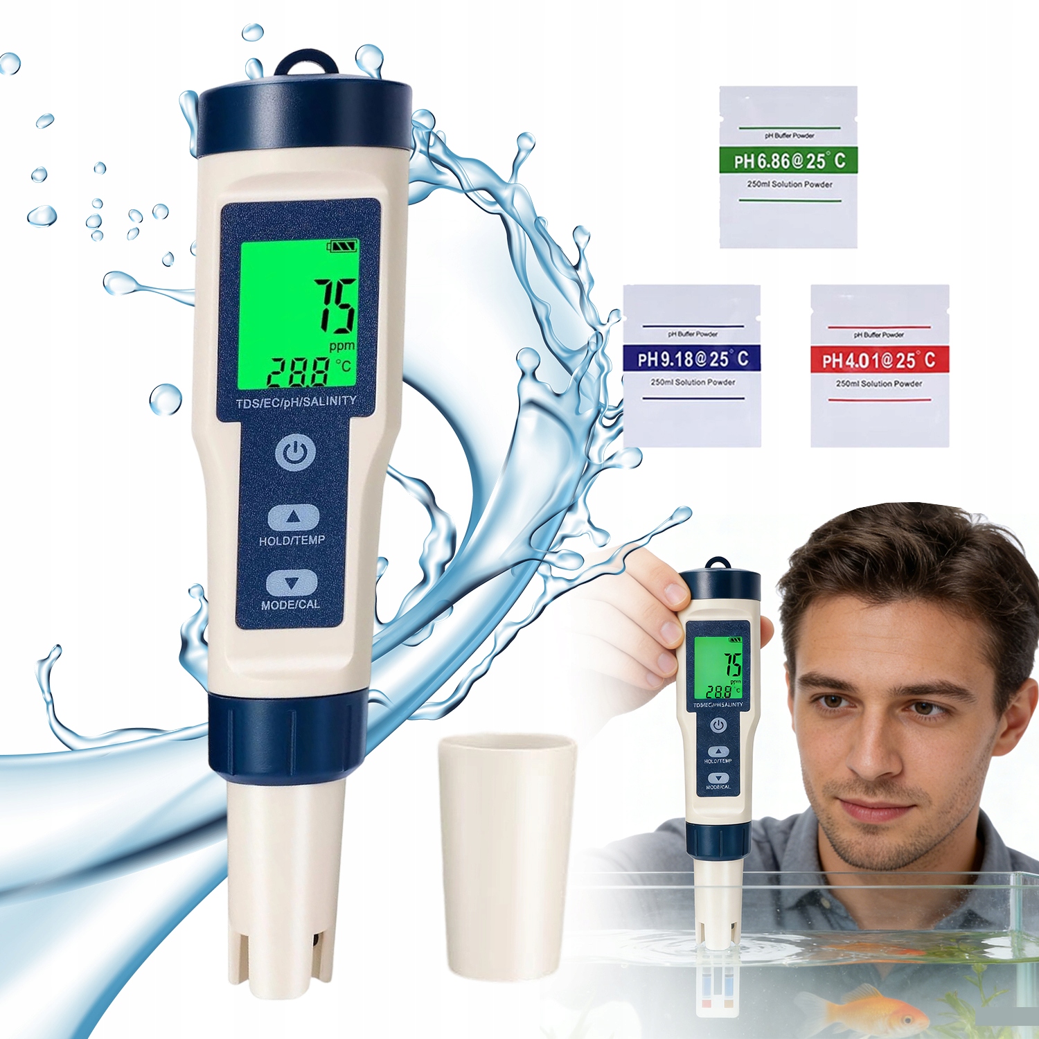 Měřič Kvality Vody 5V1 Ph Tds Ec Teplota Slanost LCD Bílý