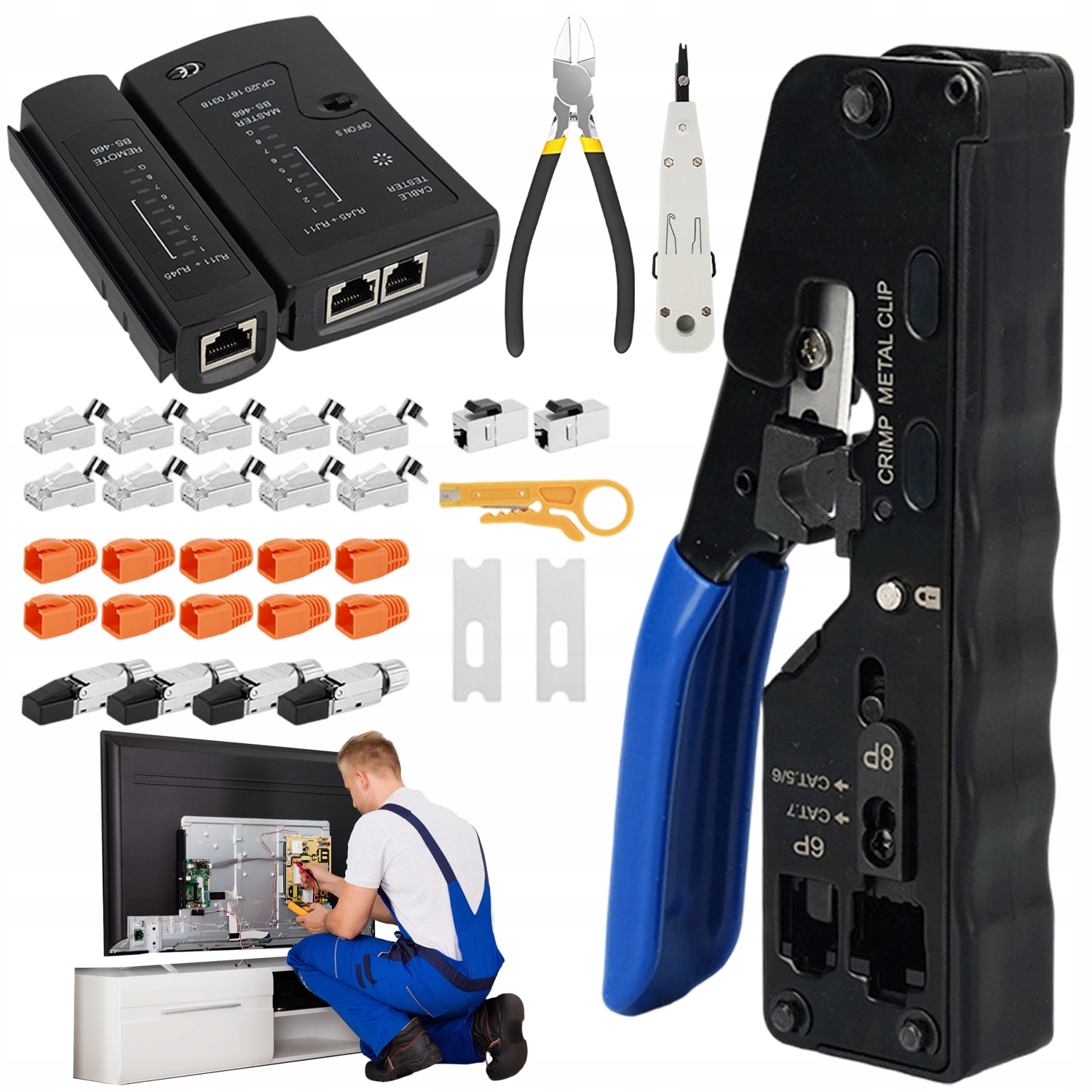 Tester Kabelů Stahovák Krimpovač RJ45/12/11 3V1 Sada Síťových Nástrojů