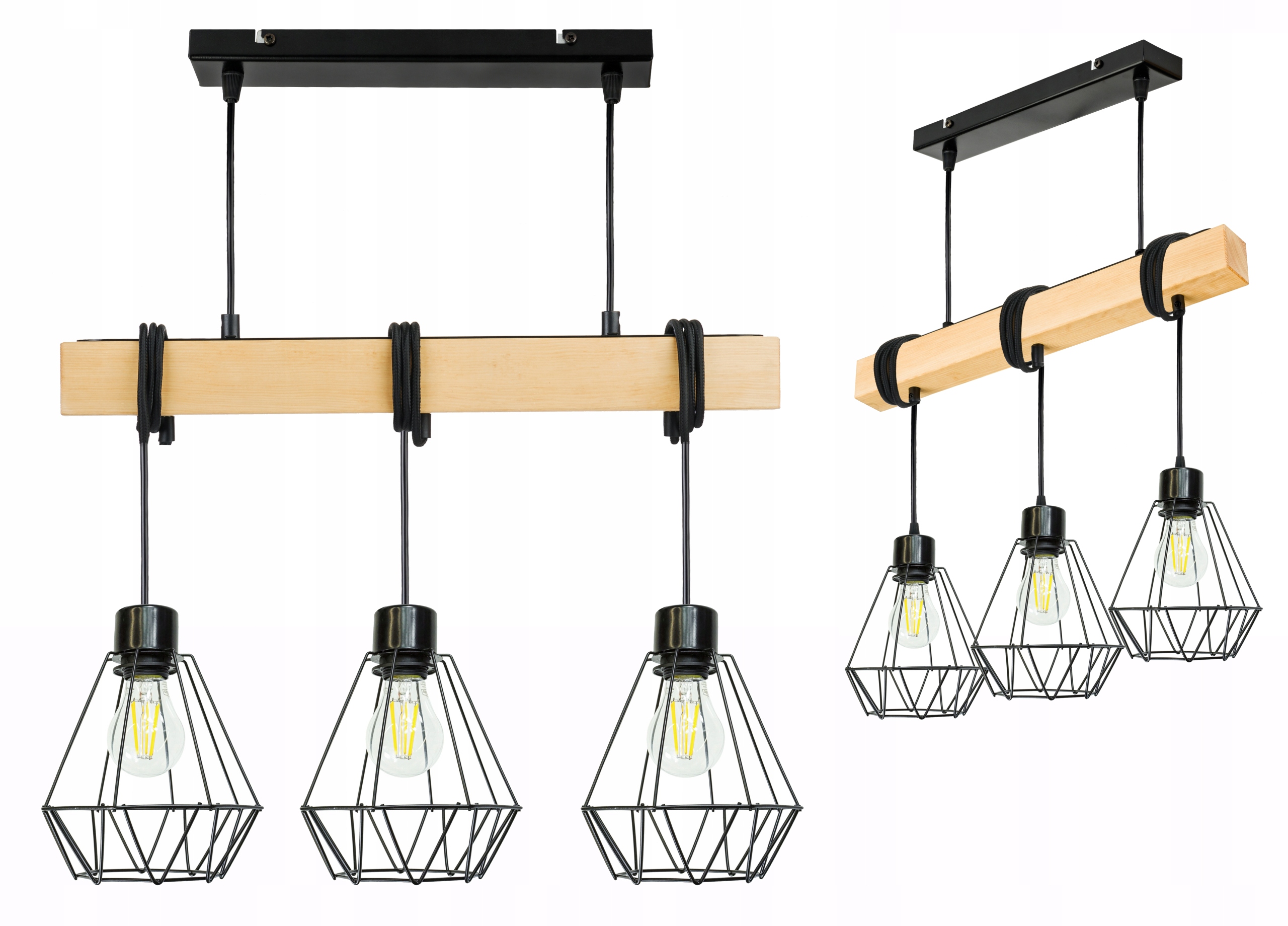 Dřevěná závěsná stropní lampa Lustr Zwis Loft Černý Drát 3xE27