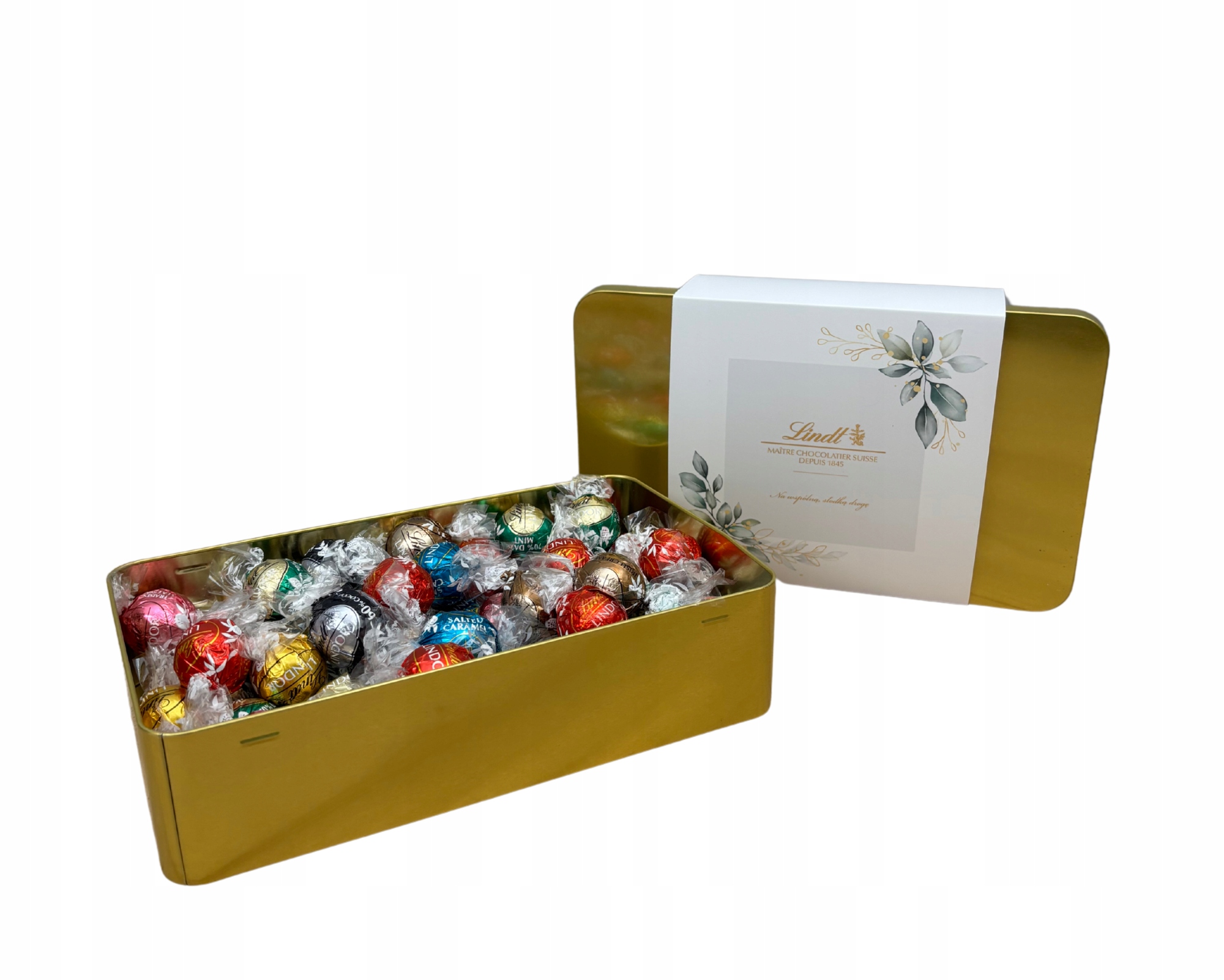 Praliny 600g Lindt w metalowym opakowaniu z dedykacją na ślub wesele