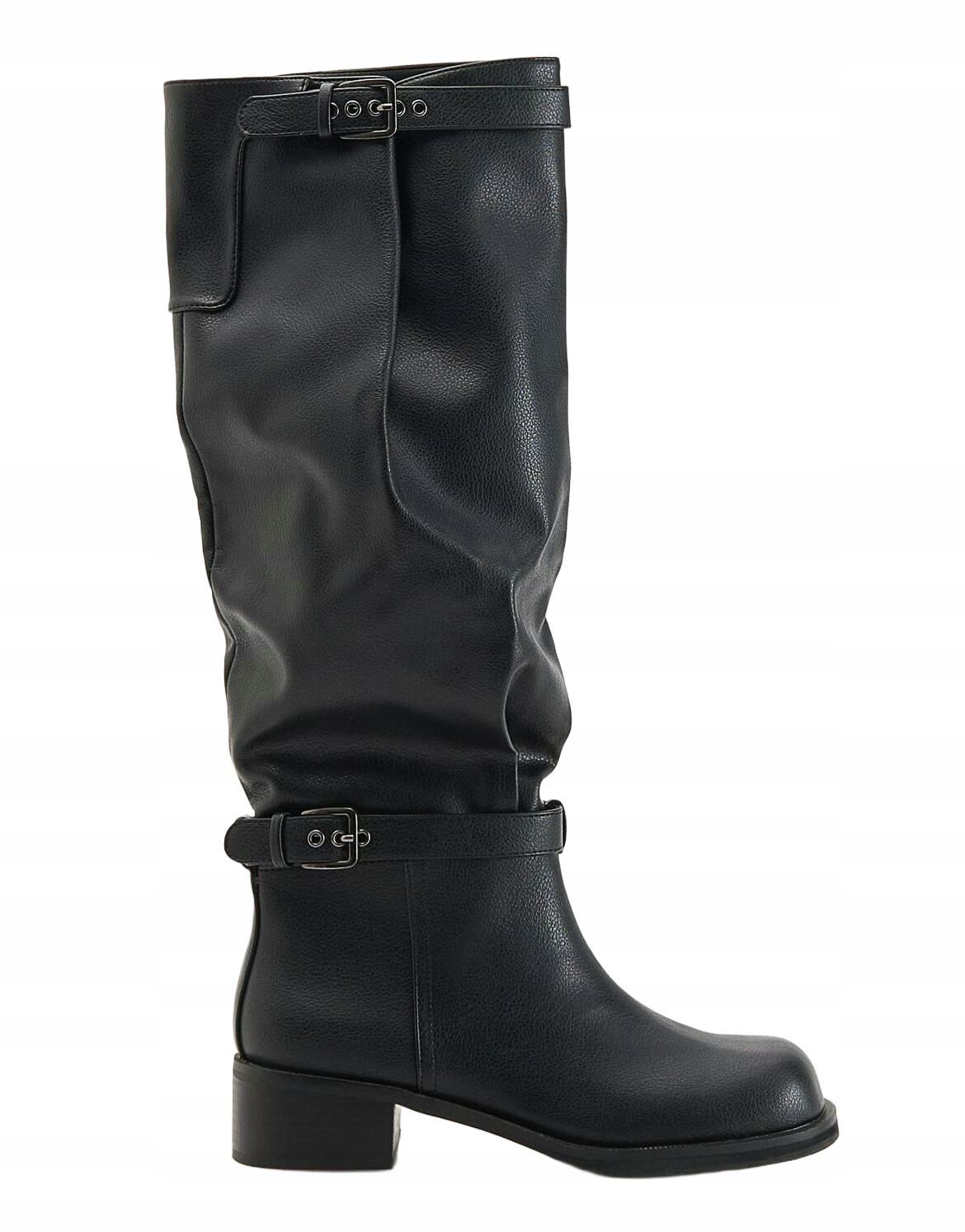 Kozačky Z Eko Kůže, Černé S Ozdobným Páskem, Vysoký Podpatek, Přezky, Velikost 39