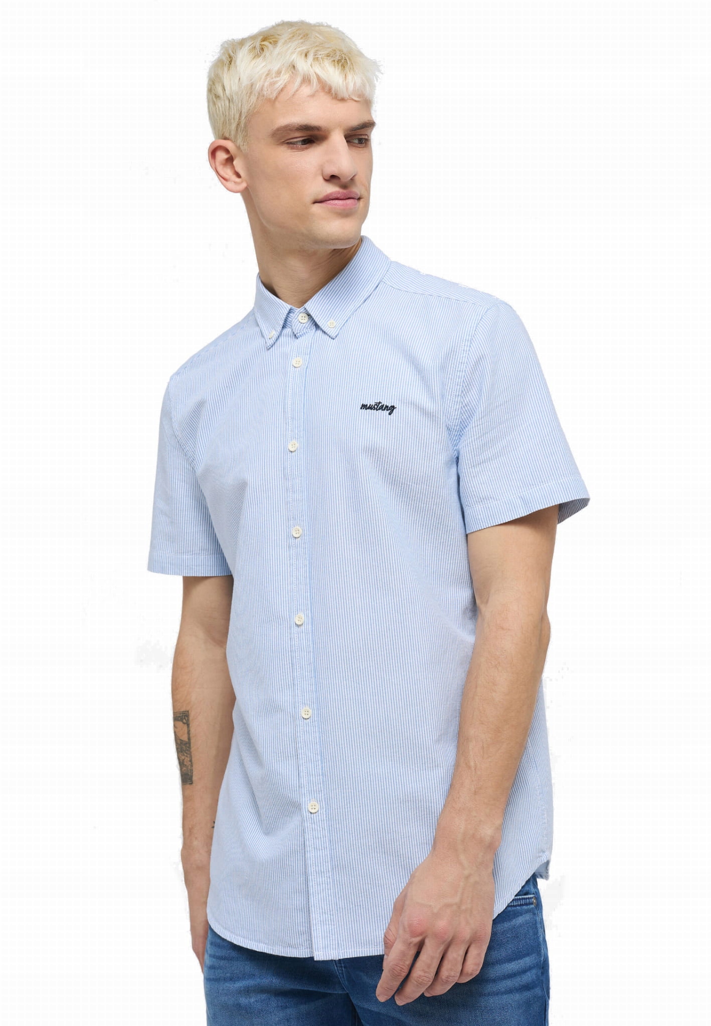 Pánská Košile S Krátkým Rukávem A Pruhy Bavlna Regular Modrá Mustang M