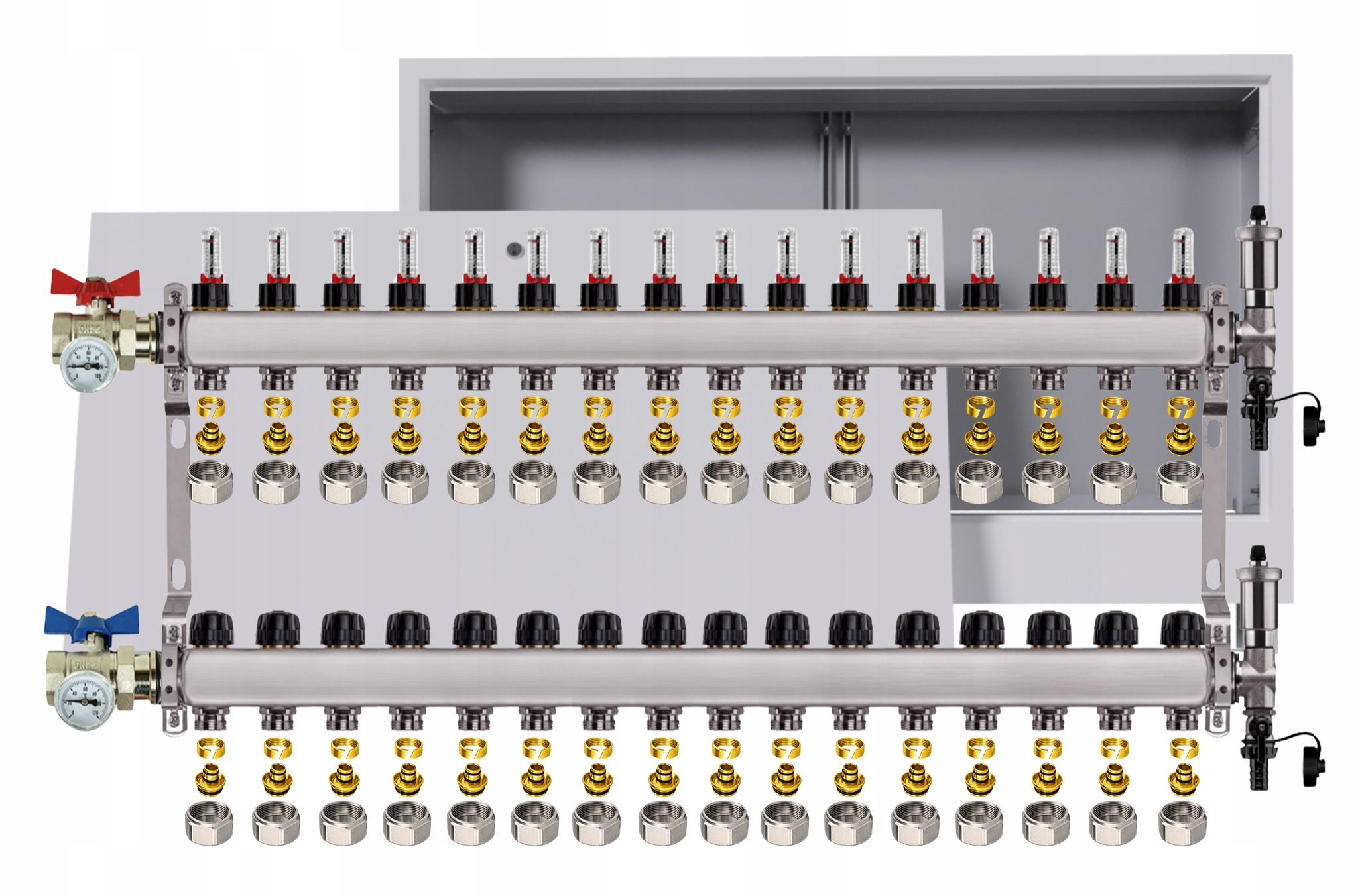 Nerezový rozdělovač podlah 16 okruhů podomítková skříňka Pex