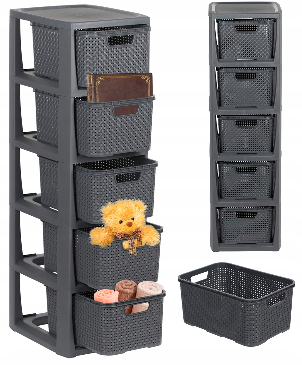 REGAŁ ŁAZIENKOWY RATTANOWY +5 KOSZY KOLOR ANTRACYT