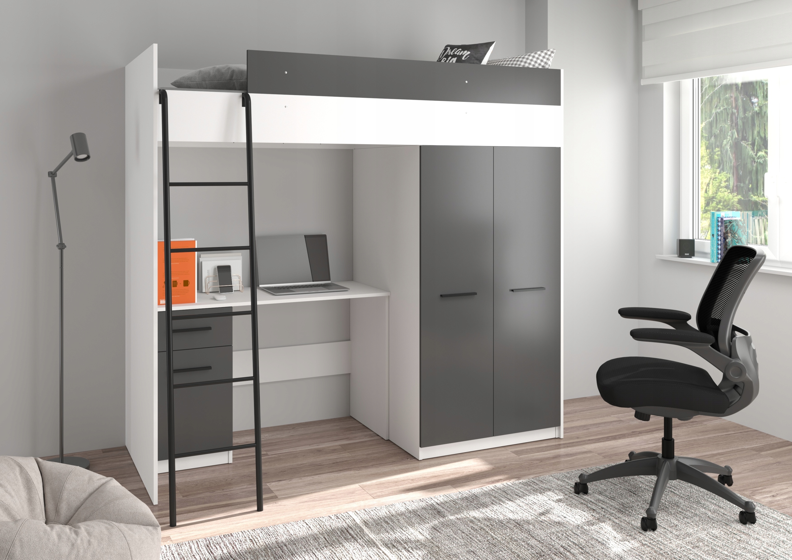 Hi5 UNI biały/grafit łóżko piętrowe