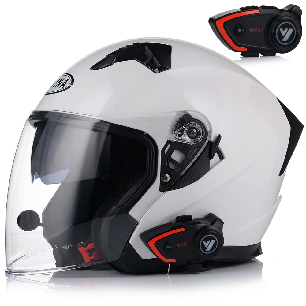 OTWARTY KASK MOTOCYKLOWY BIAŁY POŁYSK SKUTER CHOPPER + BLENDA + INTERKOM