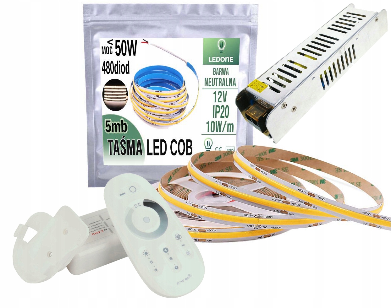 Set Led linka Cob Ww 12V 50W 5mb Dálkový Ovladač Rf dotyk