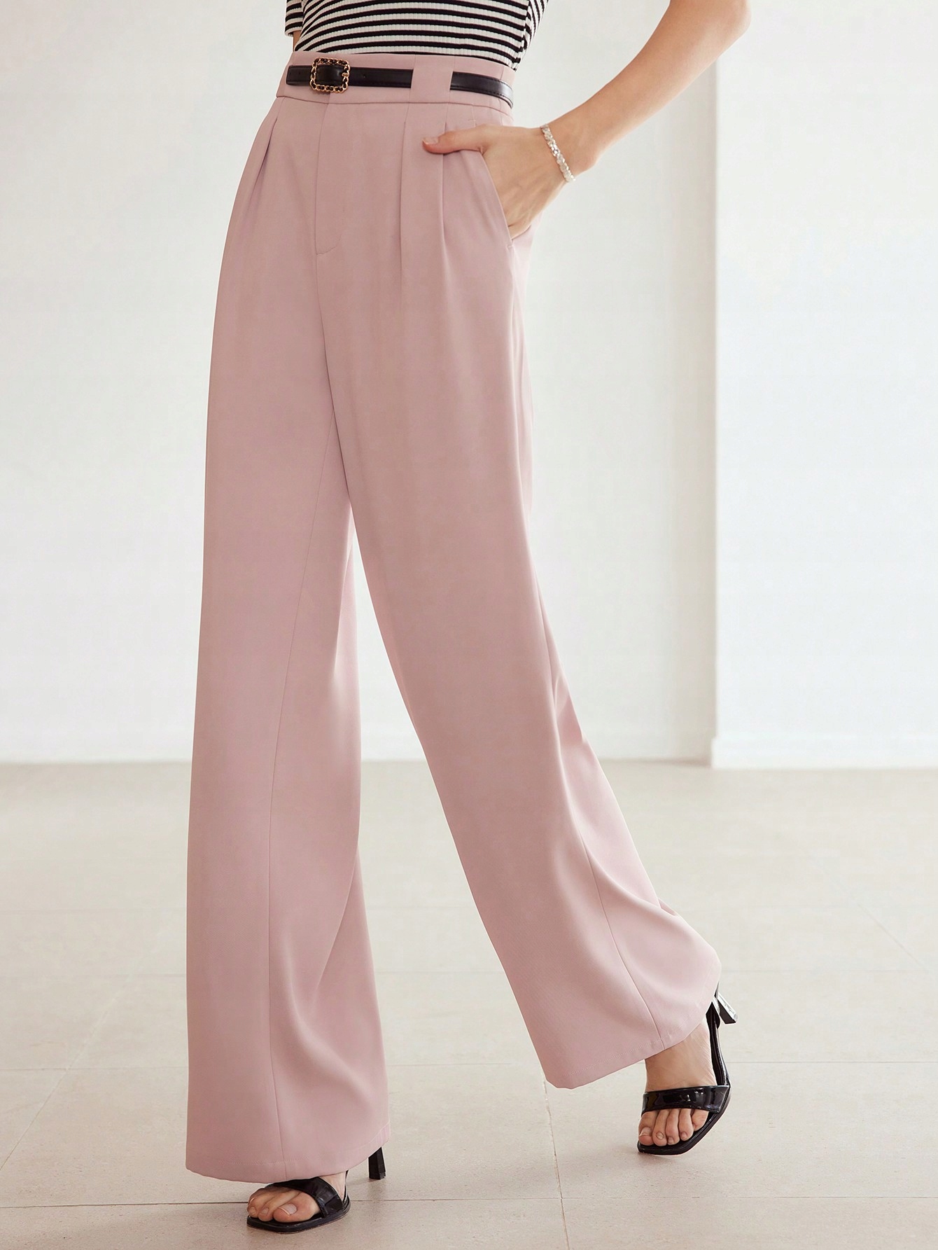 Dámské Elegantní Růžové Kalhoty S Páskem Typu Premium Motf, Velikost 38