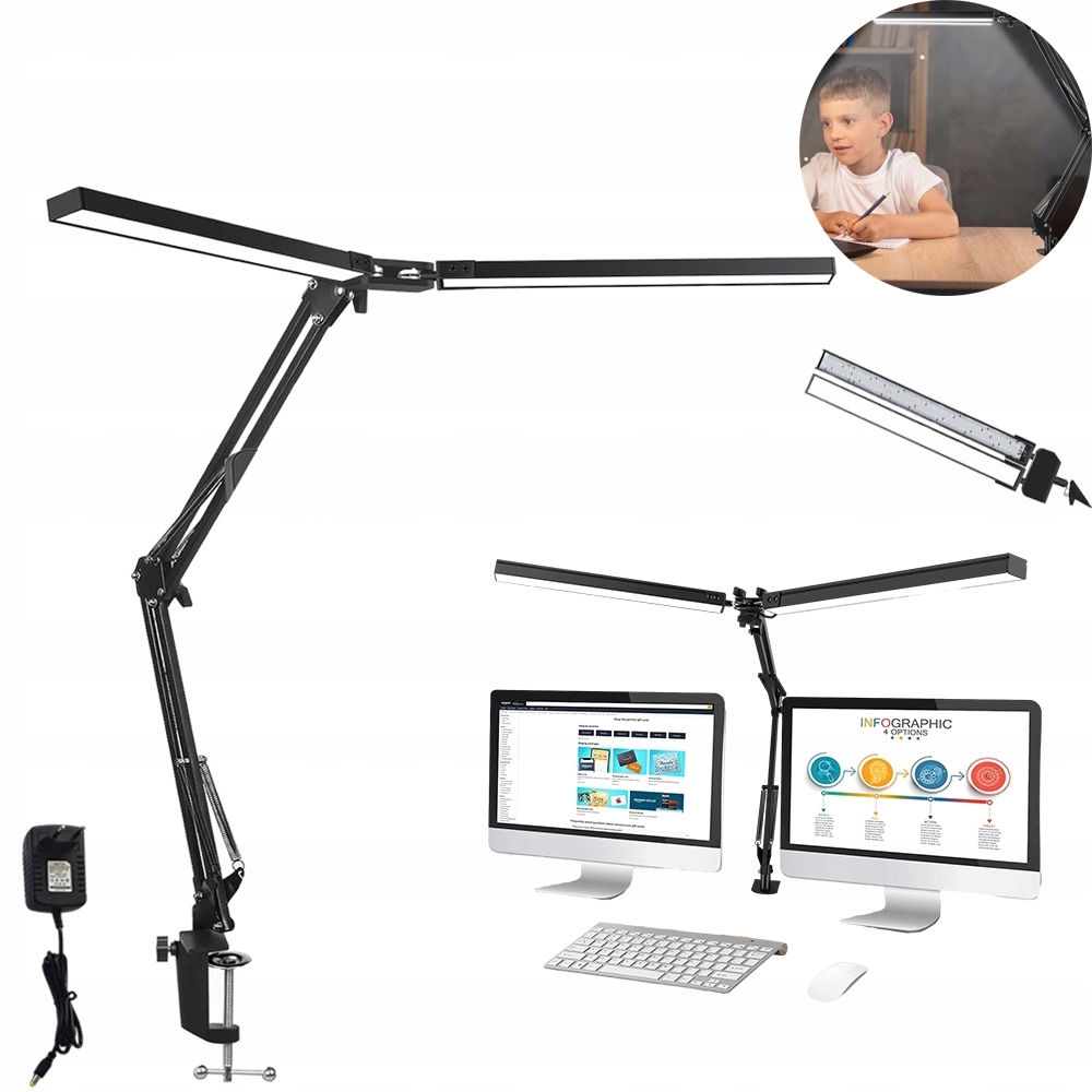 Dvouhlavá Led Stolní Lampa S Třemi Teplotami Barev 24W 1000LM, Robustní