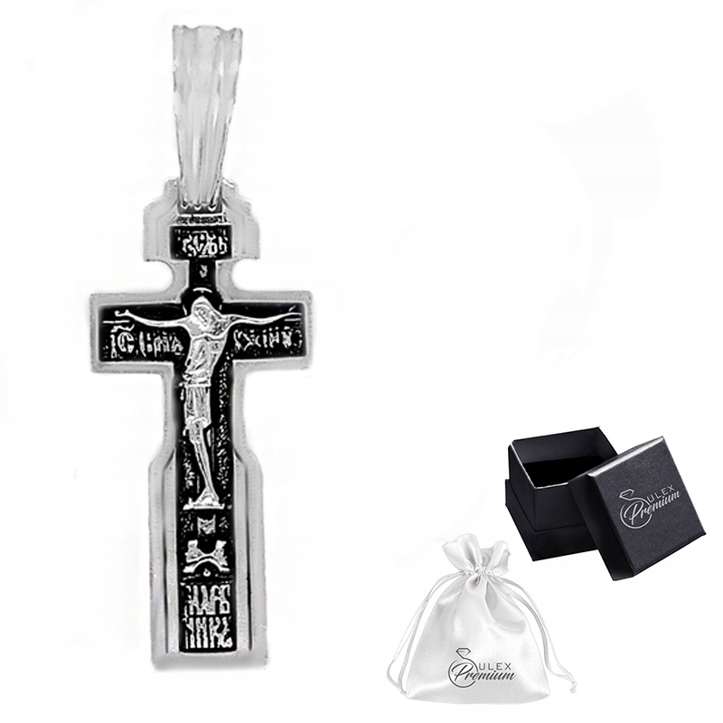 Pravoslavný stříbrný kříž ryzost 925 Dvoustranný Ježíš Kristus a modlitba