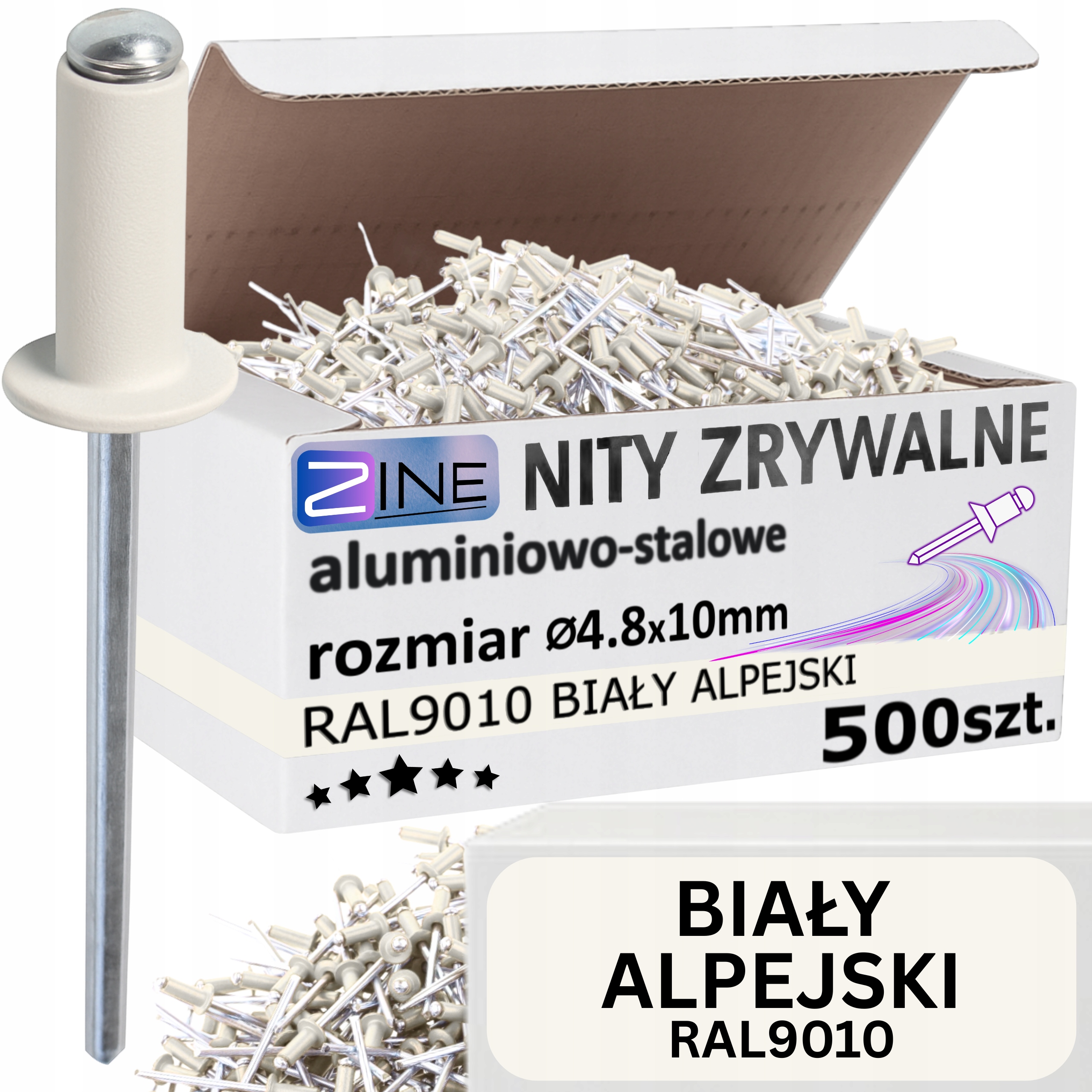 Nity Zrywalne 4.8x10mm Biały Alpejski Kolor Ral 9010 Białe Zine 500 sztuk