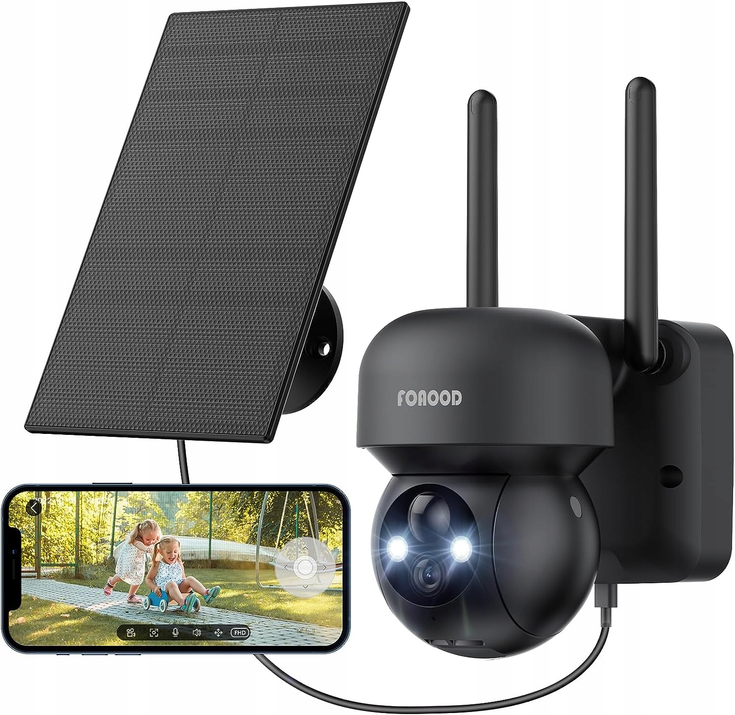 Foaood Zewnętrzna kamera monitoringowa 2K, 360°PTZ, kamera na solar IP66