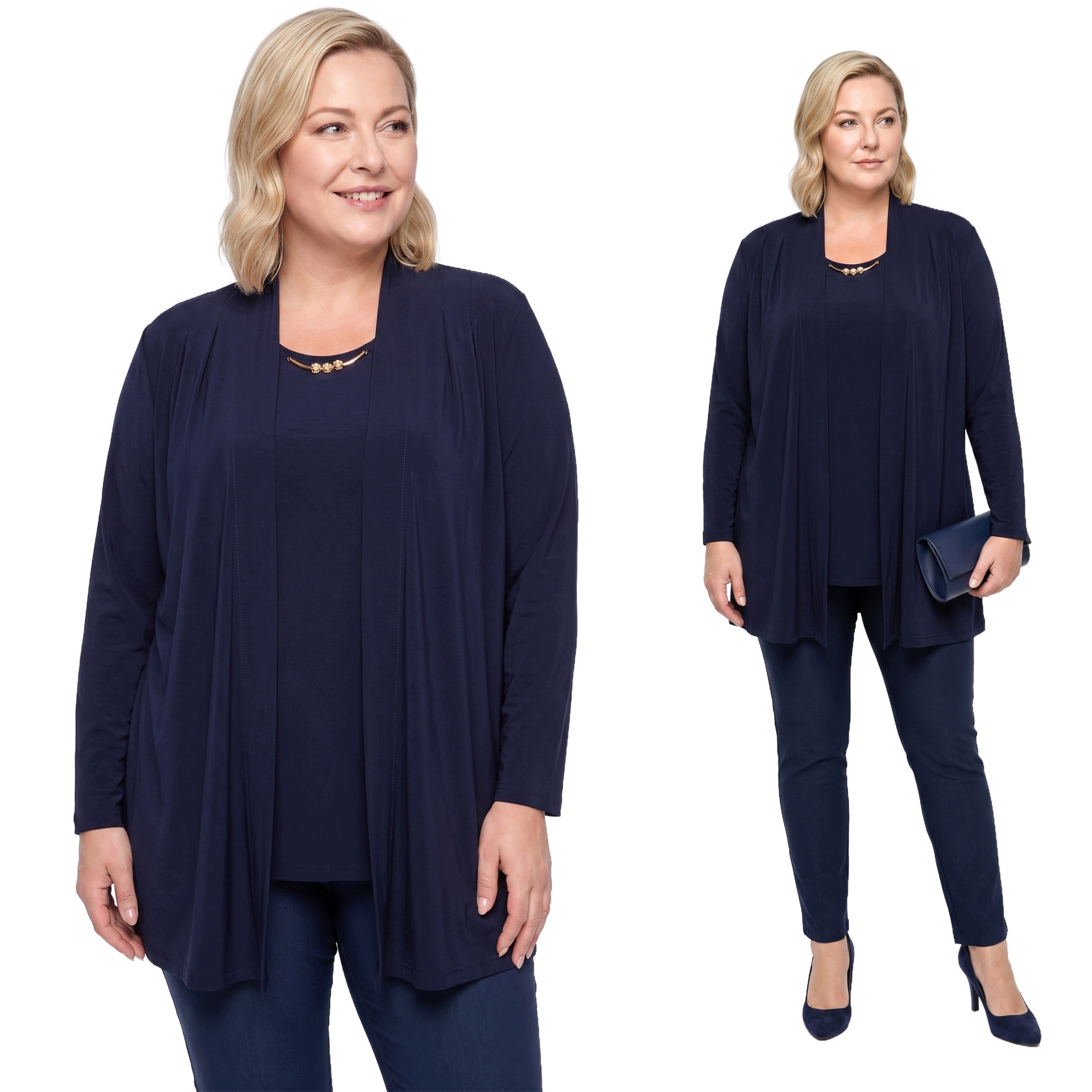 Tmavě modrá tunika s kardiganem plus size velikost 58