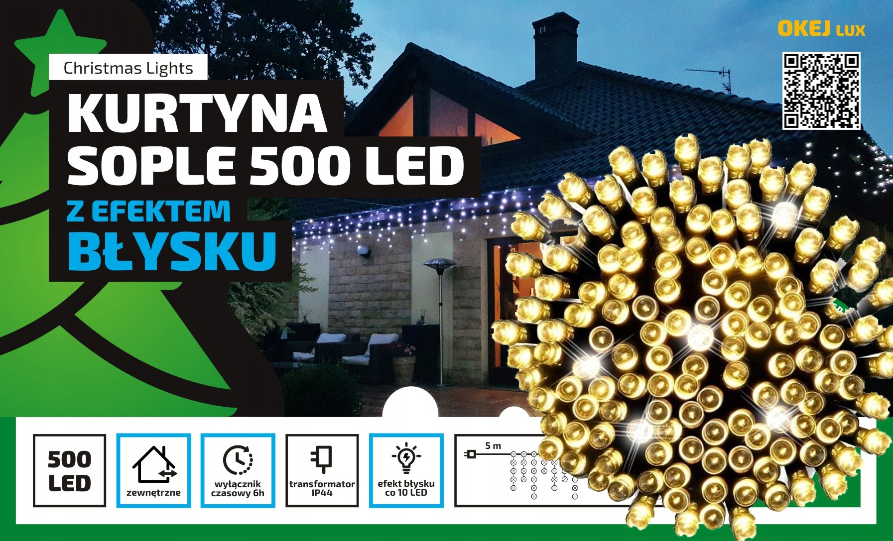 

Sople Zewnętrzne 25M Flash 500LED Lampki Choinkowe
