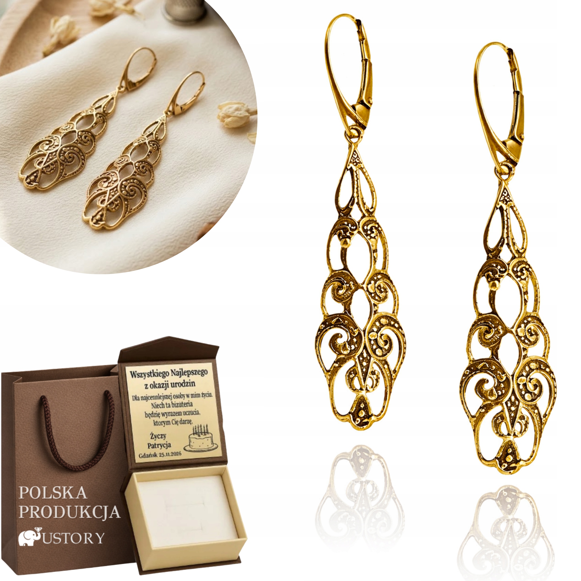 Zlaté Náušnice Závěsné Rhodiované Ažurové 5,8 CM Retro Bižuterie Pr 925 Gravírování