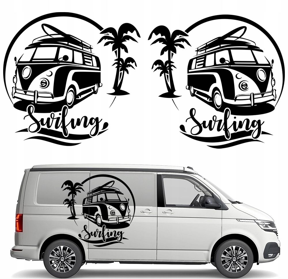 2x Nálepka Grafika na karavan Surfing Palmy Beach Bus 45x43 cm