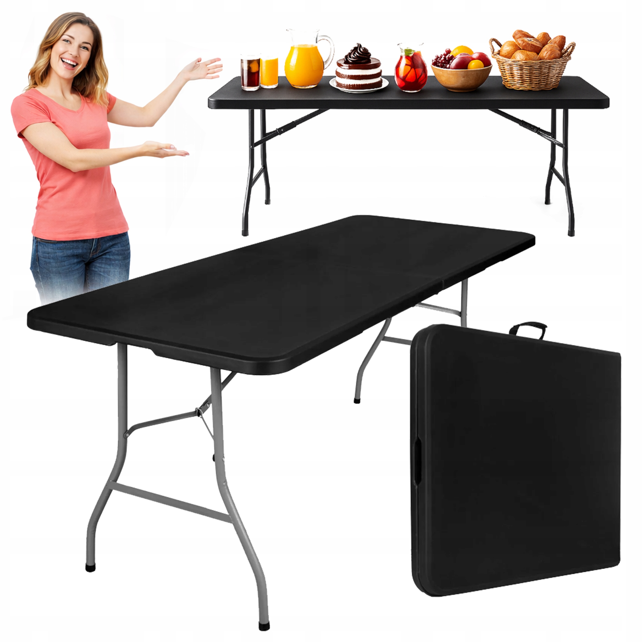 Czarny Stół Ogrodowy Cateringowy Składany 180 x 74 cm Kempingowy Bankietowy