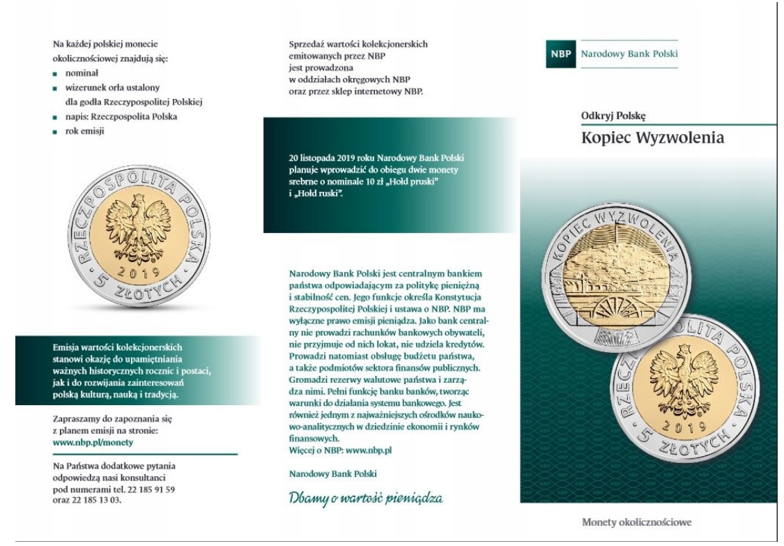 FOLDER -2019- MONETA 5 ZŁOTYCH -OKOLICZNOŚCIOWO-OBIEGOWA- KOPIEC WYZWOLENIA
