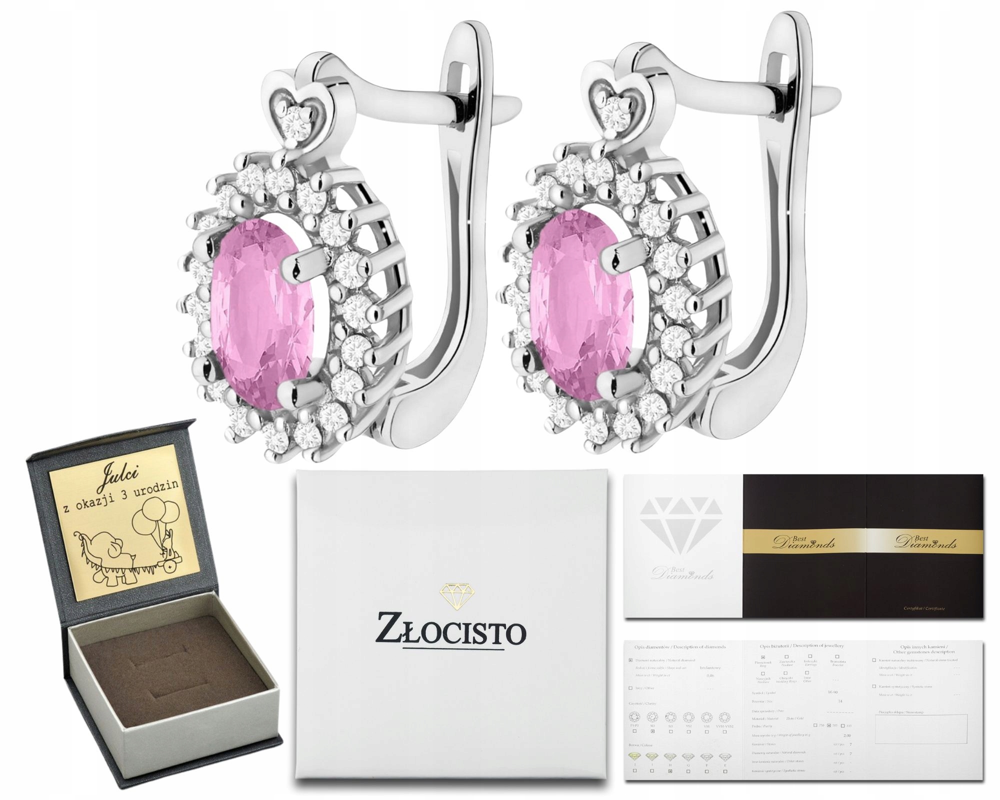Bílé Zlato Náušnice S Růžovým Safírem A Diamanty Zlato 585 14K Dárek