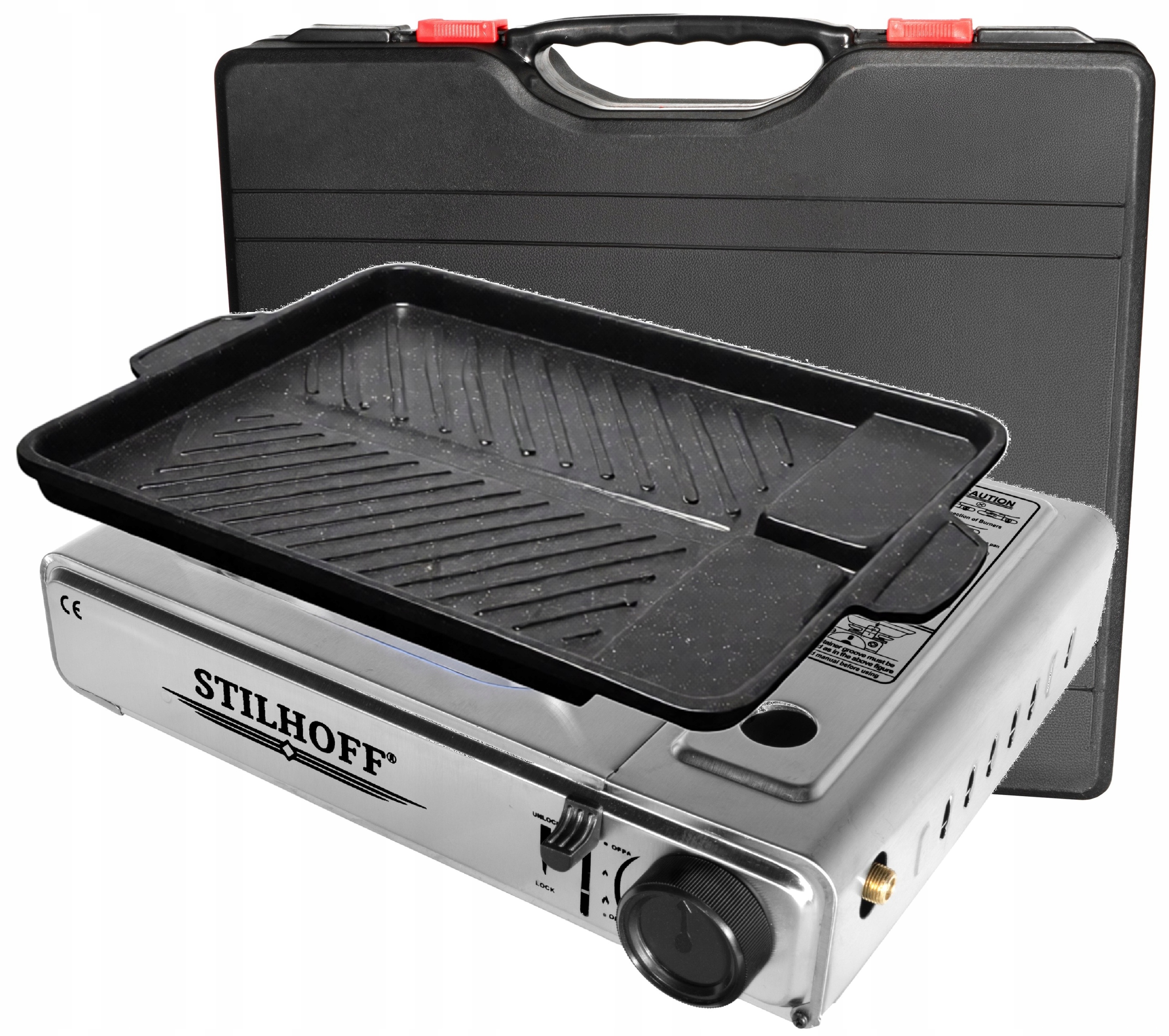 Turistický plynový vařič Stilhoff na kartuši, kufr, grilovací deska