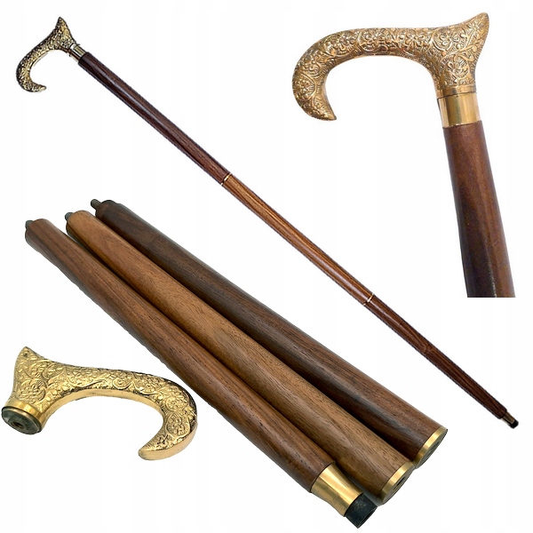 Laska Drewniana Z Mosiężnymi Elementami Reliefy Składana Na Deptak Vintage