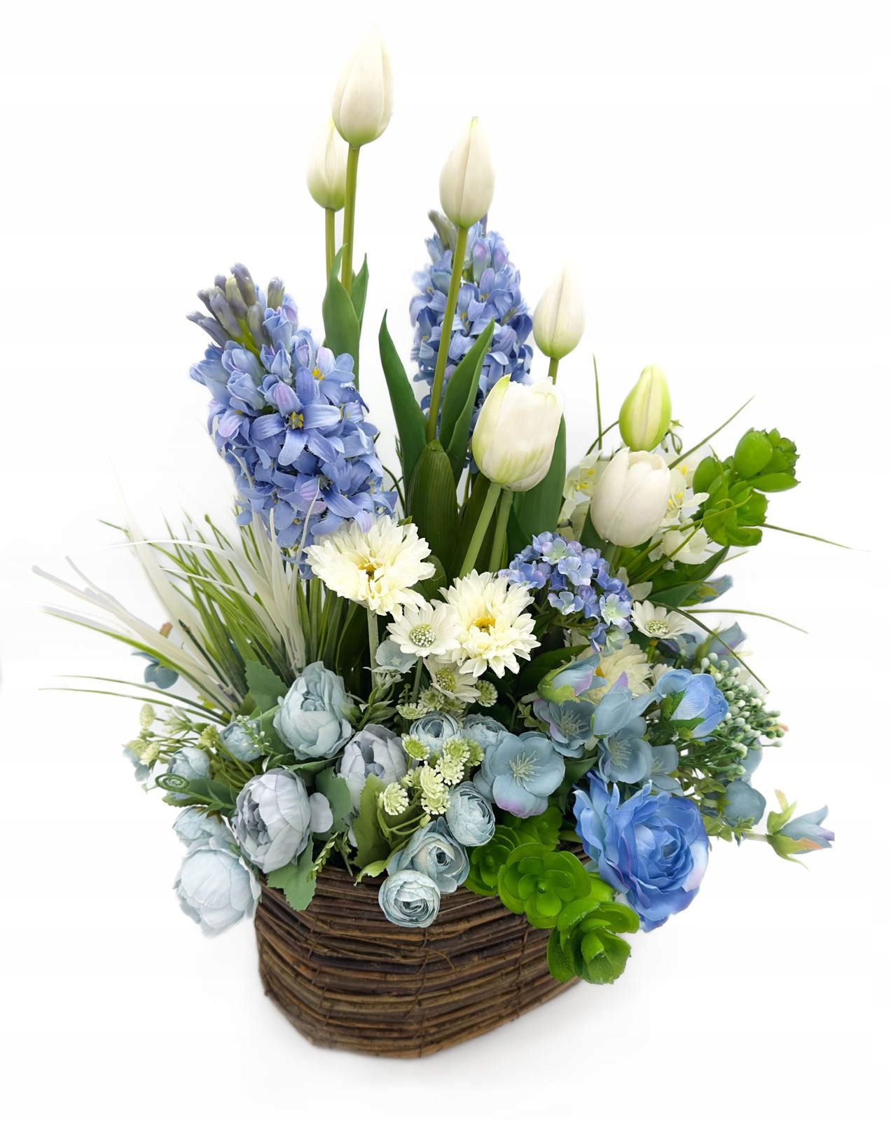 KOMPOZYCJA WIELKANOCNA KWIATY HIACYNTY TULIPANY W RATTANOWYM KOSZU Marka inna
