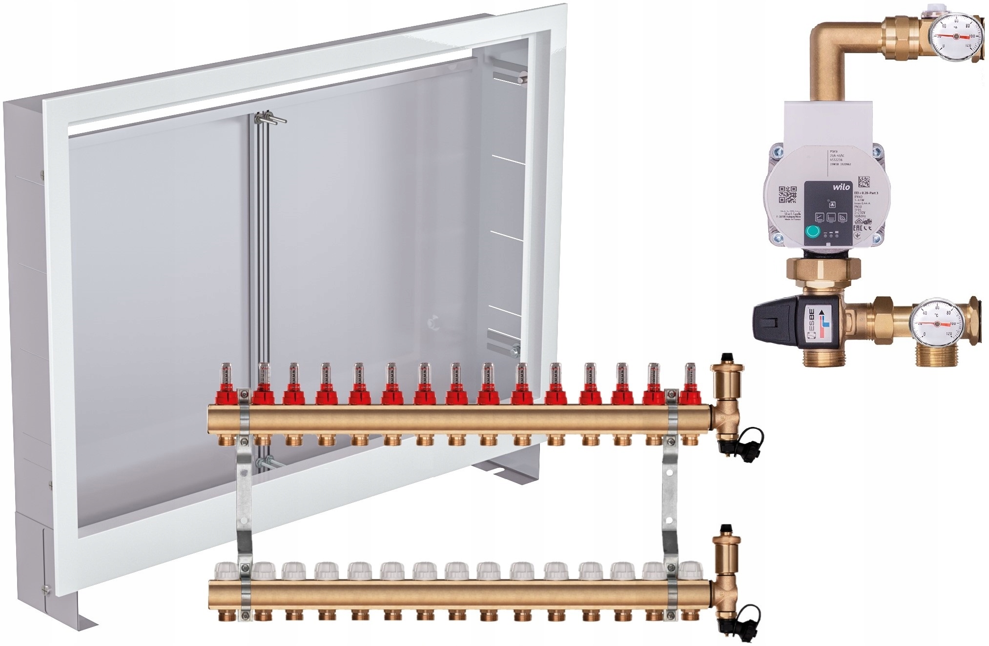Mosazný rozdělovač pro podlahu 15 s Pumpou Wilo Podomítková Skříňka