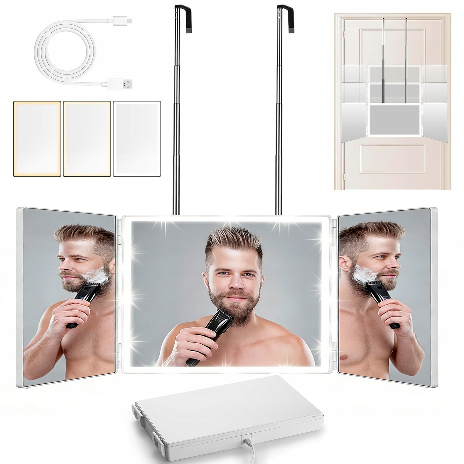 Zrcadlo 3-CESTNÉ 360 Stupňů Skládací Zrcadlo Pro Líčení S Led Diodami 1500 Mah