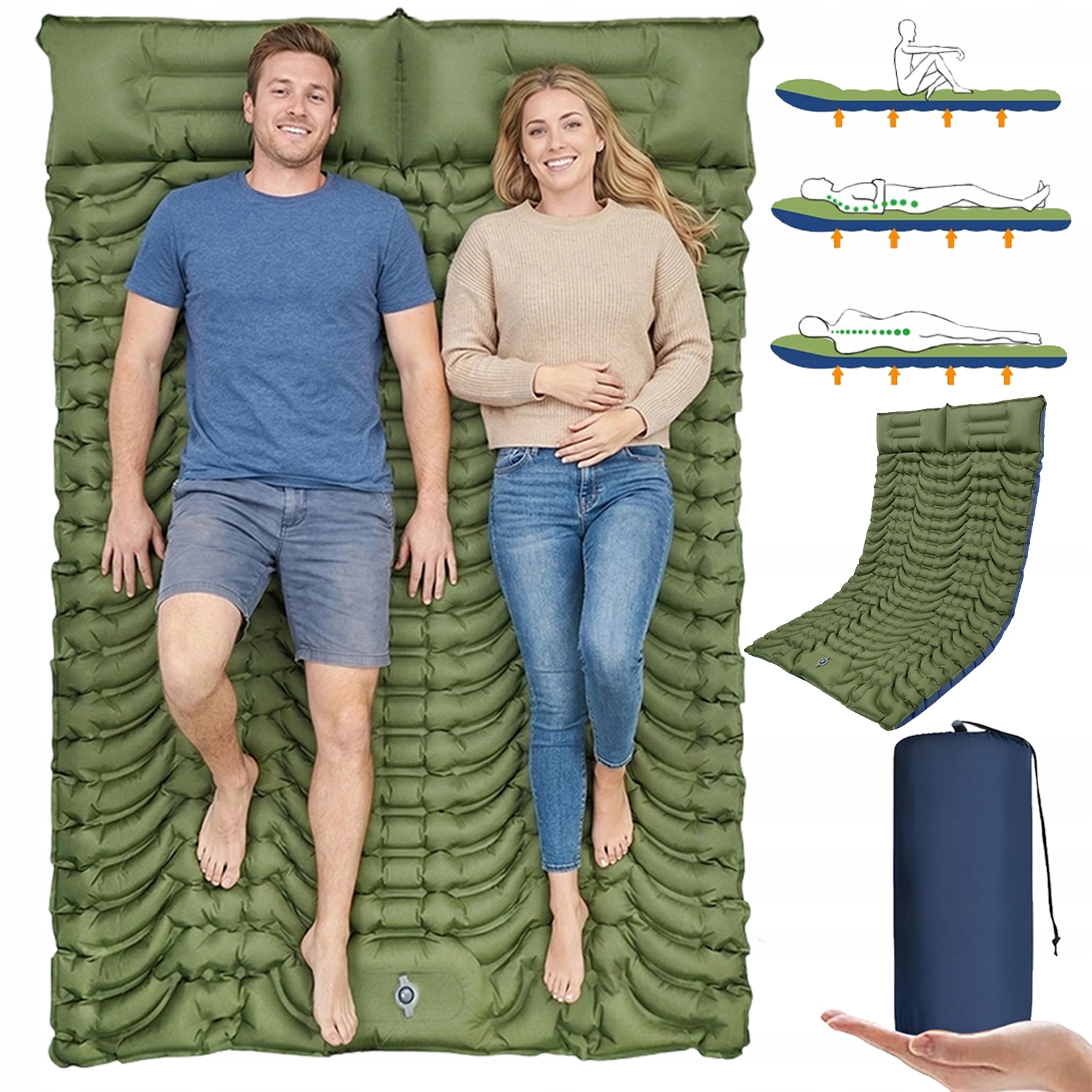 Materac Dmuchany Turystyczny Mata Z Poduszką Nożna Pompka 2 Osobowa